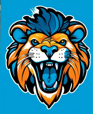 blue background, blue theme, fangs, lion, looking at viewer, mascot logo, no humans, open mouth, solo, teeth, tongue