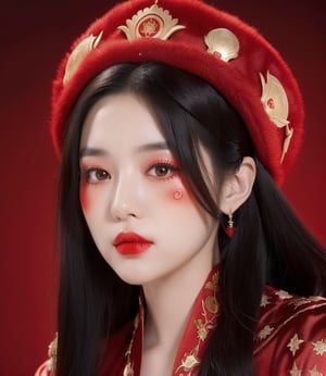 masterpiece, best quality, 1girl, red background, black hair, Long curly hair, face front, ((red fashion silk lone costume with red swirling vortexes pattern)), ((Red Plush Fur Hat)), emotional face, (close up portrait), make up, studio light, studio
