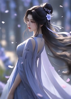 masterpiece, best quality1girl, black hair, blurry, blurry background, closed mouth, dress, expressionless, falling petals, flower, from side, hair bun, hair flower, hair ornament, long hair, looking at viewer, petals, solo, upper body, white dress