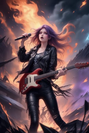 Heavy metal,  biker chick with chains and spikes,  ferocious expression,  powerful female rock star,  black leather,  dressed in black leather jacket and torn jeans,  dark eyeliner and black lipstick,  heavy music,  fierce woman,  standing tall,  epic guitar solo,  guitar on fire,  woman solo electric guitar,  female guitarist of metal,  woman playing the guitar,  electric guitar made of metal,  flames on stage,  female rocker playing a concert,  anime style
