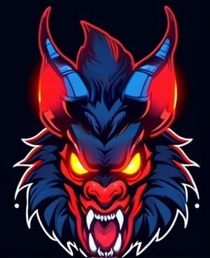 1boy, black background, fangs, glowing, glowing eyes, horns, looking at viewer, male focus, mascot logo, no humans, open mouth, portrait, red eyes, solo, teeth