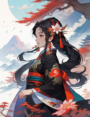 1girl, solo, hair ornament, bug, braid, jewelry, long hair, black hair, flower, chinese clothes, earrings, upper body, long sleeves, from side, dress
,mythical clouds