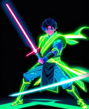 1boy, armor, energy sword, glowing, glowing sword, glowing weapon, holding, lightsaber, loincloth, male focus, neon style, solo, sword, weapon
