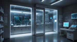 anime illustration, technical room, laboratory, night, future, signage, electronic panel, cyber, transparent door glass, no human