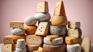 Cheese, lots of cheese, cheese tower, lots of big cheese, dynamic angles, pastel background