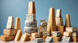 Cheese, block cheese, fine cheese, 🧀, gouda cheese, cheddar cheese, mozzarella cheese, blue cheese, lots of cheese, cheese tower, lots of big cheese, dynamic angles, pastel background