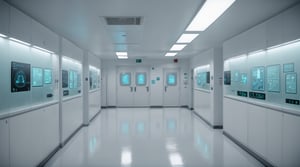 anime illustration, Laboratory, night, future, signage, electronic panels, cyber, closed ward, corridor in front of multiple private rooms, hallway, white walls, glass, (no human)
