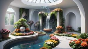 anime illustration, (enclosed futuristic space, white walls, interior, many flowerpots with colorful flowers, water garden), Flowers in capsules, small waterfalls, fountains,(no human)