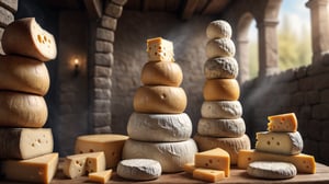 Cheese, lots of cheese, cheese tower, lots of big cheese, dreamy cute background, dynamic angle