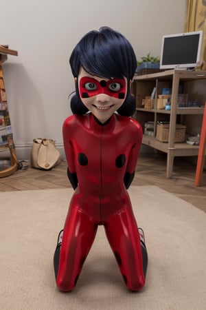 masterpiece, best quality, highres, hmmr1, loli, lolicon, full_body, flat chest, early children, 8_years_old, bratty, toned_body, glossy_full_lips, smile, marinette, red_suit black polka dots, red mask with black polka dots, kneeling