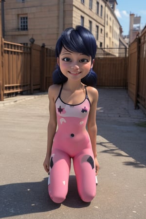 masterpiece, best quality, highres, hmmr1, loli, lolicon, full_body, flat chest, early children, 8_years_old, bratty, toned_body, glossy_full_lips, smile, marinette, ladybug_suit, kneeling