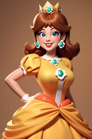 full picture, full view, large breasts, orange dress, crown, puffy sleeves, brooch, earrings, smile, lipstick, from front, looking sideways, looking at viewer, bare back, bare shoulders