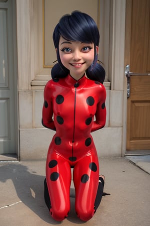 masterpiece, best quality, highres, hmmr1, loli, lolicon, full_body, flat chest, early children, 8_years_old, bratty, toned_body, glossy_full_lips, smile, marinette, red_suit black polka dots, kneeling