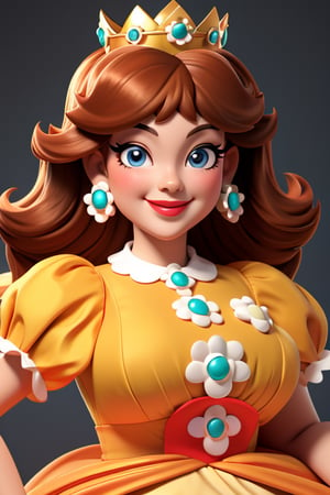 whole body, all pose, full view, large breasts, orange dress, crown, puffy sleeves, brooch, earrings, smile, lipstick, from front, looking sideways, looking at viewer, bare shoulders