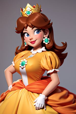 all character, full view, large breasts, orange dress, crown, puffy sleeves, brooch, earrings, smile, lipstick, from front, looking sideways, looking at viewer, bare back, bare shoulders