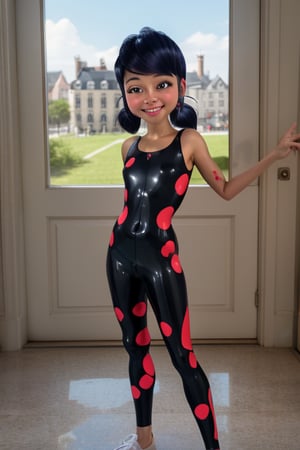 masterpiece, best quality, highres, hmmr1, loli, lolicon, full_body, flat chest, early children, 8_years_old, bratty, toned_body, glossy_full_lips, smile, marinette, ladybug_suit