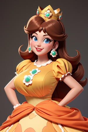 whole body, all pose, full view, huge breasts, orange dress, square neckline, bare shoulders, crown, puffy sleeves, brooch, earrings, smile, lipstick, from front, looking sideways, looking at viewer