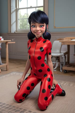 masterpiece, best quality, highres, hmmr1, loli, lolicon, full_body, flat chest, early children, 8_years_old, bratty, toned_body, glossy_full_lips, smile, marinette, red_suit black polka dots, red_mask black polka dots, kneeling