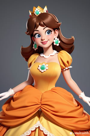 whole body, all pose, full view, large breasts, orange dress, square neckline, bare shoulders, crown, puffy sleeves, brooch, earrings, smile, lipstick, from front, looking sideways, looking at viewer