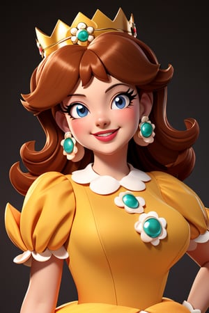 whole character, all character, full view, large breasts, orange dress, crown, puffy sleeves, brooch, earrings, smile, lipstick, from front, looking sideways, looking at viewer, bare back, bare shoulders