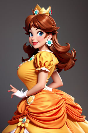 full picture, large breasts, orange dress, crown, puffy sleeves, brooch, earrings, smile, lipstick, from front, looking sideways, looking at viewer, bare back