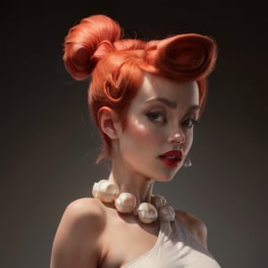 ((masterpiece, best quality)),(complex lighting) ,upper body, solo, Wilma flintstone, red hair, ponytail, ,white dress, pearl necklace, lipstick, gradient background, looking at viewer, 