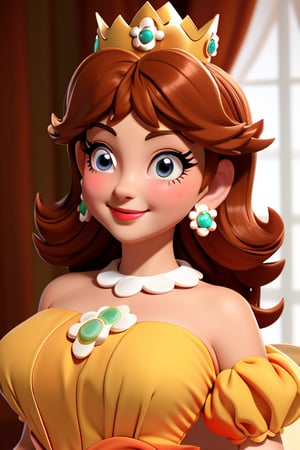 full picture, large breasts, orange dress, crown, puffy sleeves, brooch, earrings, smile, lipstick, from front, looking sideways, looking at viewer, bare back, bare shoulders