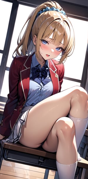 1girl, solo,KaruizawaKei, 1girl, blue eyes, blonde hair, ponytail, bangs, medium_breasts, hair ornament, school uniform, red jacket, open jacket, hair scrunchie, bowtie, white skirt, pleated skirt, kneehighs, white socks, shoes, thin_waist, medium_breasts, perfect body, inside school, school chairs, standing, extremely detailed, detaled_background, looking_at_viewer, (indoors, window, wooden floor, (face focus, close-up body:1.3), (dynamic pose, dynamic angle:1.3), (masterpiece, best quality, ultra-detailed, very aesthetic:1.5), illustration, disheveled hair, perfect composition, moist skin, intricate details, seducing_gaze, ahegao_face, open_maw, blushing, hands_raised, legs_spread, crossed_legs_(sitting),nip_slip, areolae_slip, revealing_clothes, sitting_down, on_school_desk, leg_lift, leaning_back, bare_foot, full-body_portrait

 
