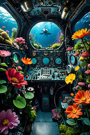 1 man,Picture the cramped cockpit of a submarine, filled with intricate instruments and controls, creating a claustrophobic atmosphere. Unexpectedly, the space is adorned with a multitude of vibrant flowers, transforming it into a whimsical oasis amidst the harsh realities of underwater life. The contrast between sterile metal and lush foliage offers a surreal and captivating scene, providing a brief respite for the crew,serving as a reminder of nature's beauty and resilience even in the depths of the ocean,astronaut_flowers