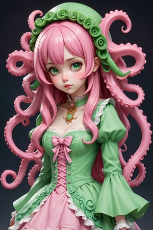 Girl, long green hair, anthropomorphic Cthulhu girl, pink Lolita fashion,.
Despite her monstrous origins, there is an adorable charm to her attire. Her frilly pink dress, adorned with tentacle-like ribbons and lace, juxtaposes eldritch and cute. On her head, she wears a matching bonnet with a small Cthulhu on it, and her accessories include a tentacle-shaped hair clip and ornate jewelry reminiscent of ancient relics. Despite her otherworldly appearance, her sweet demeanor and fashionable outfits are a perfect blend of creepy and kawaii,
