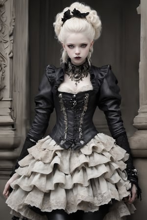 albino French young lady, is dressed in a captivating blend of Baroque and punk fashion styles. Her attire features ornate Baroque-inspired garments with intricate lace, ruffles, and embellishments, reminiscent of royalty from the Baroque era. However, the traditional elements are juxtaposed with edgy punk accents, such as leather straps, spikes, and chains, adding a rebellious and modern twist to her ensemble,
Elegant and modern court background
,ct-niji2,goth person