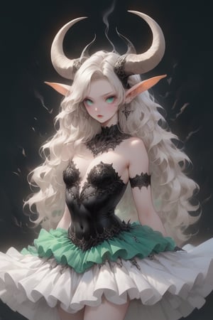the albino demon Girl (complex longhorns:1.2),Dressed in a gothic-style latex ballerina tutu,black and white tutu, with endlessly beautiful emerald eyes and pale skin contrasting with the striking fabric, is mesmerizing. Flowing ruffles accentuate her slender figure, while alabaster hair frames her china-like face. With each delicate movement, the latex fabric conforms to her body, accentuating her curves and ethereal charm. Her graceful and bewitching performance transcends human understanding and captivates all.