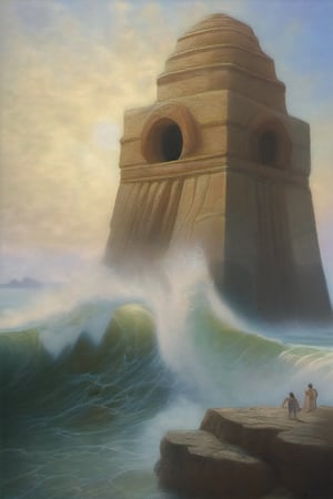 (oil painting), a giant stone golem emerging from the ocean, ancient complex architecture, big wave in the sea, waterfall in golem architecture
, diffused natural light, sunlight, gigantism, (extremly detailed : 1)