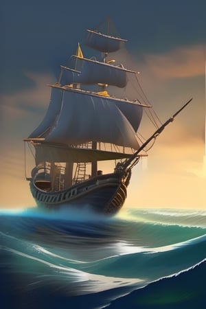 
(oil painting : 1.5) of a pirate boat sailing in the ocean, side view, wave from the sea, best quality , extremly detailed, 8K