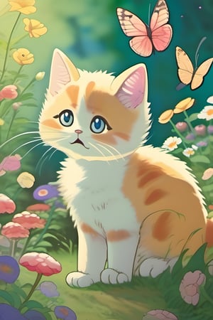 (studio ghibli art style : 3 ), one kitten which is chasing a (butterfly : 2) in a flower garden, natural light, extremly detailed, best quality