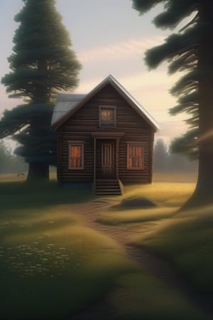 hyper detailed, best quality, masterpiece, liminal spaces, photorealistic, a strange wooden house in a meadow, dirt road, liminal light