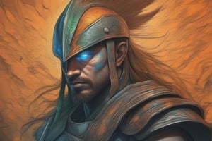 best quality, extremly detailed, masterpiece, illustration of a warrior embracing the darkness within him and unlocked his true potential, sharp, smooth, sketch art, exaggerate pencil stroke, hopecore, dramatic light, aura, orange, green, yellow, blue