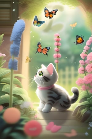 one kitten which is chasing a (butterfly : 2) in the style of (studio ghibli: 5) in a flower garden, natural light, best quality, (studio ghibli detailed like: 5)