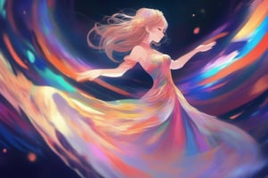 anime art style, psychodelic art, close up of a magnificient woman who is dancing at the rytmn of the universe, dress, visible sounds,wave of colours, multicolor, dreamcore, hopecore, dramatic light