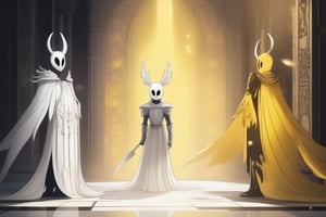 masterpiece, best quality, hollow knight characters, style, 3D art style, illustration of the knight transforming into the shade lords in the hall of gods, divine yellow and white light, dark light, shade , dualism