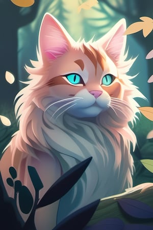 illustration of a cat with leafs fur in a magical forest, [fur : leafs : 0.5] dramatic light, , pastel colors, (extremly detailed : 1.5), 8K, (anime : 1)