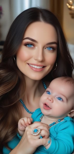 European, 30 years old, long hair, blue eyes, wears a necklace and bracelet, plays with her newborn 6-month-old baby, both are very cheerful. UHD resolution, detailed details, wide angle shot. Provocative look, wet lips, eager look full of desire, wide perspective. Wide angle