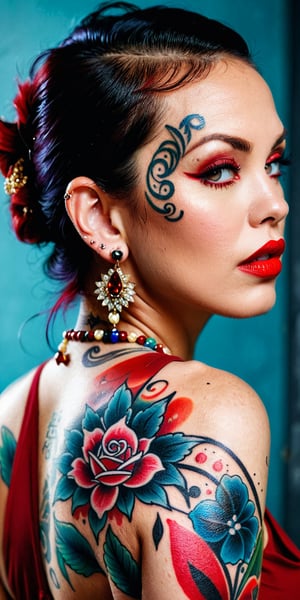 
A close up of a woman with a tattoo on her back

color paintA mature facesideways glance, (cold attitude,eyeshadow,eyeliner:1.1),(red lips:1.5),watery eyes,
jewelryearringsarm tattoofull-body tattoo(upper body:1.5), back tattoo
