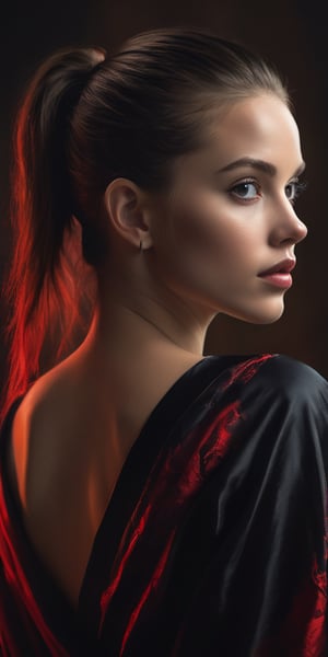"Misterious beauty" (Misterious mood Soft Lighting art), painting art, beautiful young woman, sensual, ponytail, side soft light, black and red, highly detailed, masterpiece upper body, finely detailed skin, perfect small breasts, see through, black high couture robe, professional color grading, 