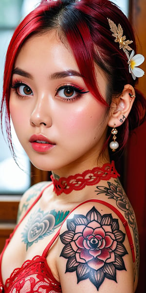 Woman with tattoos all over her body、female high-school student、Beautiful woman with big eyes and high nose、Neat face、Best Beauties、Red lace underwear、Artistic tattoos、Dynamic tattoos、Beautiful tattoos、Tattoos in the style of Japan、An ultra-high picture quality、8K picture quality、16k picture quality、realphoto、