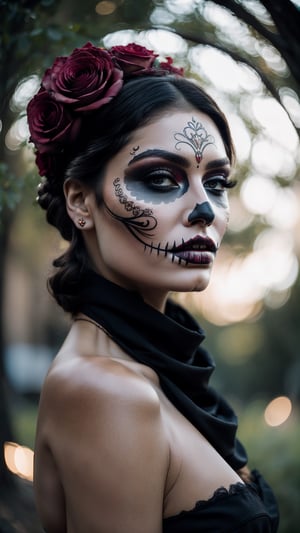 (Best quality, 8k, 32k, Masterpiece, UHD:1.2),   a young woman with a black roses on her head, dia de los muertos, dress, red fur scarf and make up, dia de los muertos make up, ((dia de los muertos)), and attractive features, eyes, eyelid,  focus, depth of field, film grain,, ray tracing, ((contrast lipstick)), slim model, detailed natural real skin texture, visible skin pores, anatomically correct, (midnight), night, moonlight cemetary background,  Catrina,(PnMakeEnh)