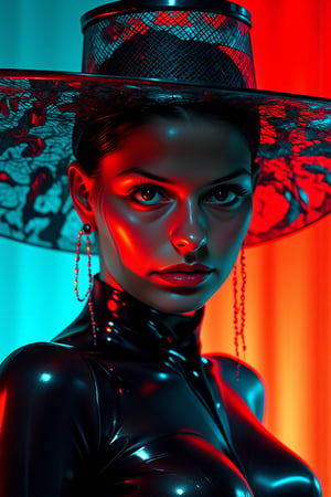 A hyper-stylized, avant-garde photograph with vibrant neon aesthetics, showcasing a close-up of a striking woman’s head and shoulders. She wears a sleek, glossy black outfit that clings tightly to her slender figure, emphasizing her high-fashion appeal. Her deep red lips stand out boldly against the otherwise monochrome attire. Atop her head sits an oversized, wide-brimmed translucent mesh hat, featuring horizontal black stripes that cast intricate, geometric shadows across her partially obscured face. Only her lips, eyes, and part of her forehead peek through the shadows, adding a layer of mystery and sophistication to her avant-garde presence.
The background transitions in a vivid gradient from teal on the left to red on the right, creating a dramatic, futuristic atmosphere. The lighting is carefully controlled, accentuating the contours of her face and emphasizing the bold lines of her outfit with a combination of soft and sharp shadows. Captured with a Canon EOS R5 camera, using a Canon RF 85mm f/1.2L lens for a high-fashion editorial shoot, this image highlights its high-contrast composition. Inspired by the bold aesthetics of contemporary art photography, it merges futuristic elements with a modern fashion statement, embodying mythp0rt, niji_flux styles. Designed by Avant Garde visionary "Etherous" and influenced by the works of Nick Knight, the piece blurs the lines between art, fashion, and surrealism.,BelleBertier