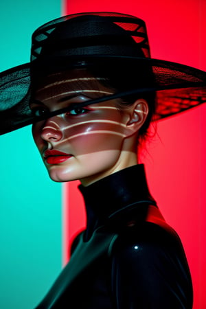 A hyper-stylized, avant-garde photograph with vibrant neon aesthetics, showcasing a close-up of a striking woman’s head and shoulders. She wears a sleek, glossy black outfit that clings tightly to her slender figure, emphasizing her high-fashion appeal. Her deep red lips stand out boldly against the otherwise monochrome attire. Atop her head sits an oversized, wide-brimmed translucent mesh hat, featuring horizontal black stripes that cast intricate, geometric shadows across her partially obscured face. Only her lips, eyes, and part of her forehead peek through the shadows, adding a layer of mystery and sophistication to her avant-garde presence.
The background transitions in a vivid gradient from teal on the left to red on the right, creating a dramatic, futuristic atmosphere. The lighting is carefully controlled, accentuating the contours of her face and emphasizing the bold lines of her outfit with a combination of soft and sharp shadows. Captured with a Canon EOS R5 camera, using a Canon RF 85mm f/1.2L lens for a high-fashion editorial shoot, this image highlights its high-contrast composition. Inspired by the bold aesthetics of contemporary art photography, it merges futuristic elements with a modern fashion statement, embodying mythp0rt, niji_flux styles. Designed by Avant Garde visionary "Etherous" and influenced by the works of Nick Knight, the piece blurs the lines between art, fashion, and surrealism.,BelleBertier