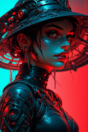 A hyper-stylized, avant-garde photograph with vibrant neon aesthetics, showcasing a close-up of a striking woman’s head and shoulders. She wears a sleek, glossy black outfit that clings tightly to her slender figure, emphasizing her high-fashion appeal. Her deep red lips stand out boldly against the otherwise monochrome attire. Atop her head sits an oversized, wide-brimmed translucent mesh hat, featuring horizontal black stripes that cast intricate, geometric shadows across her partially obscured face. Only her lips, eyes, and part of her forehead peek through the shadows, adding a layer of mystery and sophistication to her avant-garde presence.
The background transitions in a vivid gradient from teal on the left to red on the right, creating a dramatic, futuristic atmosphere. The lighting is carefully controlled, accentuating the contours of her face and emphasizing the bold lines of her outfit with a combination of soft and sharp shadows. Captured with a Canon EOS R5 camera, using a Canon RF 85mm f/1.2L lens for a high-fashion editorial shoot, this image highlights its high-contrast composition. Inspired by the bold aesthetics of contemporary art photography, it merges futuristic elements with a modern fashion statement, embodying mythp0rt, niji_flux styles. Designed by Avant Garde visionary "Etherous" and influenced by the works of Nick Knight, the piece blurs the lines between art, fashion, and surrealism.