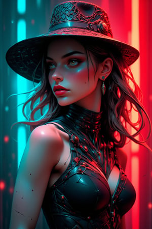 A hyper-stylized, avant-garde photograph with vibrant neon aesthetics, showcasing a close-up of a striking woman’s head and shoulders. She wears a sleek, glossy black outfit that clings tightly to her slender figure, emphasizing her high-fashion appeal. Her deep red lips stand out boldly against the otherwise monochrome attire. Atop her head sits an oversized, wide-brimmed translucent mesh hat, featuring horizontal black stripes that cast intricate, geometric shadows across her partially obscured face. Only her lips, eyes, and part of her forehead peek through the shadows, adding a layer of mystery and sophistication to her avant-garde presence.
The background transitions in a vivid gradient from teal on the left to red on the right, creating a dramatic, futuristic atmosphere. The lighting is carefully controlled, accentuating the contours of her face and emphasizing the bold lines of her outfit with a combination of soft and sharp shadows. Captured with a Canon EOS R5 camera, using a Canon RF 85mm f/1.2L lens for a high-fashion editorial shoot, this image highlights its high-contrast composition. Inspired by the bold aesthetics of contemporary art photography, it merges futuristic elements with a modern fashion statement, embodying mythp0rt, niji_flux styles. Designed by Avant Garde visionary "Etherous" and influenced by the works of Nick Knight, the piece blurs the lines between art, fashion, and surrealism.